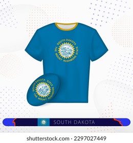 South Dakota rugby jersey with rugby ball of South Dakota on abstract sport background. Jersey design.