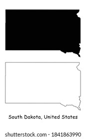 South Dakota SD state Map USA. Black silhouette and outline isolated maps on a white background. EPS Vector