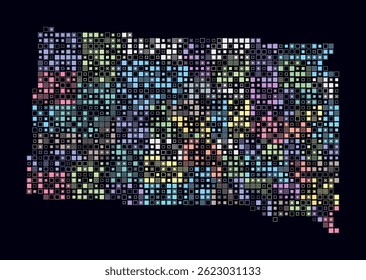 Dakota del Sur, forma de la construcción estatal de células de color. Mapa de estilo digital de Dakota del Sur sobre fondo oscuro. Bloques cuadrados de tamaño Pequeño. Ilustración vectorial moderna.