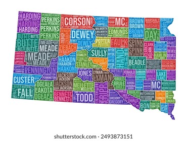 South Dakota shape. State word cloud with county division. South Dakota colored illustration. County names cloud. Vector illustration.