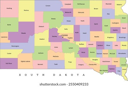 Mapa administrativo do estado de Dakota do Sul com condados. Colorido. Vetorizado. Cores brilhantes