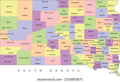 Mapa administrativo do estado de Dakota do Sul com condados e assentos. Colorido. Vetorizado. Cores brilhantes