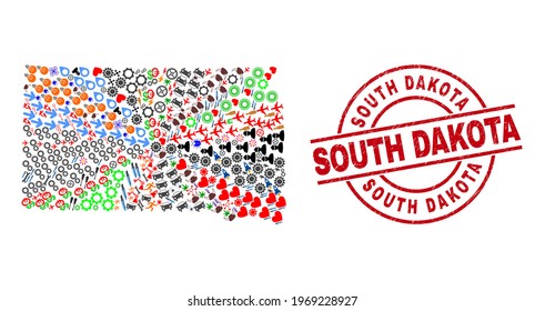 South Dakota State map collage and dirty South Dakota red circle stamp. South Dakota badge uses vector lines and arcs. South Dakota State map collage contains helmets, houses, wrenches, suns, men,