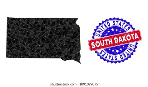 South Dakota State map polygonal mesh with filled triangles, and distress bicolor stamp seal. Triangle mosaic South Dakota State map with triangular vector model, triangles have randomized sizes,
