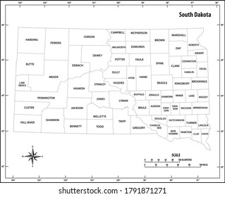 south dakota state outline administrative and political map in black and white
