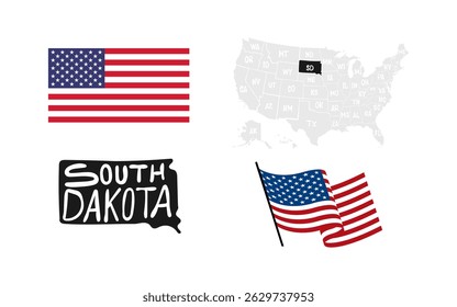 South Dakota State. USA flag. Map of the USA