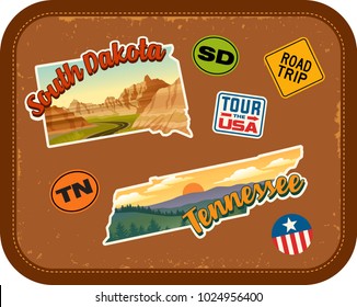 South Dakota, Tennessee travel stickers with scenic attractions and retro text on vintage suitcase background