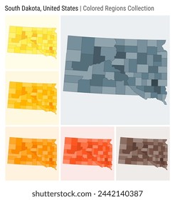 South Dakota, United States. Map collection. State shape. Colored counties. Blue Grey, Yellow, Amber, Orange, Deep Orange, Brown color palettes. Border of South Dakota with counties.