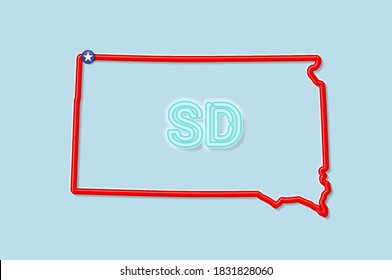 South Dakota US-Bundesstaat kühn umrissen Umriss-Karte. Glossy roter Rand mit weichem Schatten. Abkürzung mit zwei Buchstaben. Vektorgrafik.