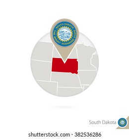 South Dakota US State map and flag in circle. 