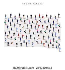 South Dakota US state population map. Large group of realistic a diverse crowd of people figures. Flat vector illustration isolated on white.