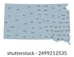 South Dakota, U.S. state, subdivided into 66 counties, gray political map with borders and county names. State in the North Central region of the United States, nicknamed The Mount Rushmore State.