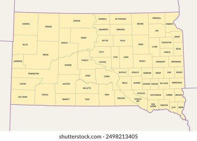 South Dakota, U.S. state, subdivided into 66 counties, political map with borders and county names. State in the North Central region of the United States, nicknamed The Mount Rushmore State.