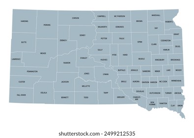 Dakota del Sur, estado de Estados Unidos, subdividido en 66 condados, mapa político gris con fronteras y nombres de condados. Estado en la región Centro-Norte de los Estados Unidos, apodado The Mount Rushmore State.