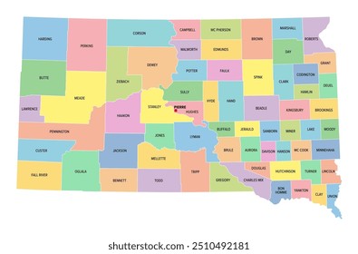 South Dakota, U.S. state, subdivided into 66 counties, multi colored political map with capital Pierre, borders and county names. North Central region of United States, nicknamed Mount Rushmore State.