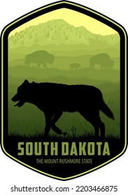 South Dakota vector label with coyote and a family of bison on the prairie