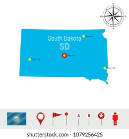 South Dakota Vector Map Isolated on White. High Detailed Silhouette of South Dakota State. Vector Flag of South Dakota. 3D Map Markers or Pointers, Navigation Elements. Rose of Wind or Compass Icon