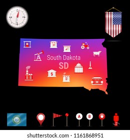 South Dakota Vector Map, Night View. Compass Icon, Map Navigation Elements. Pennant Flag of the United States. Vector Flag of South Dakota. Various Industries, Economic Geography Icons.