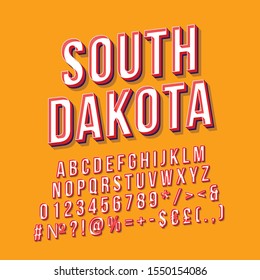 South Dakota vintage 3d vector lettering. Retro bold font, typeface. Pop art stylized text. Old school style letters numbers, symbols pack. 90s, 80s poster typography design. Orange color background