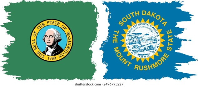 South Dakota and Washington states grunge brush flags connection, vector