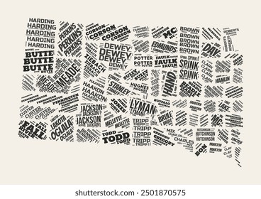 South Dakota Word Cloud. State with counties division. South Dakota typographic text clouds vector image design. Vintage gazette style state shape image. Elegant vector illustration.