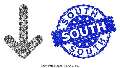 South dirty round stamp seal and vector recursion mosaic down arrow. Blue stamp contains South text inside round shape. Vector collage is done from recursive down arrow icons.