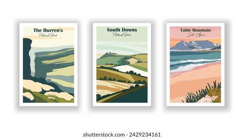 South Downs. Montaña de la Mesa, Sudáfrica. The Burren, National Park - Afiche de viaje vintage. Ilustración vectorial. Impresiones de alta calidad