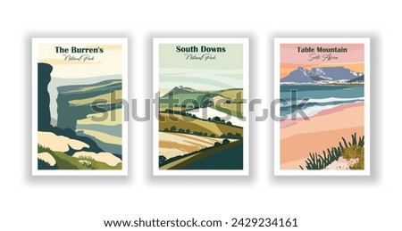 South Downs. Table Mountain, South Africa. The Burren, National Park - Vintage travel poster. Vector illustration. High quality prints