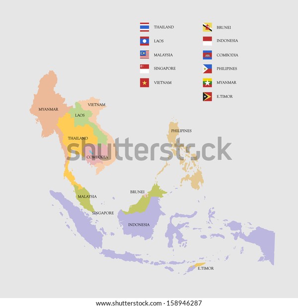 South East Asia Map Flags Vector Stock Vector (royalty Free) 158946287