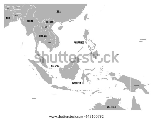 東南アジアの政治地図 白い背景に黒い国名ラベルの付いたグレーの国 単純な平らなベクター画像イラスト のベクター画像素材 ロイヤリティフリー