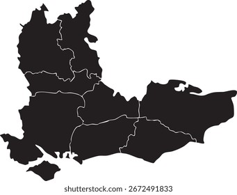 Landkarte von Südostengland Schwarz Silhouette mit Regionen