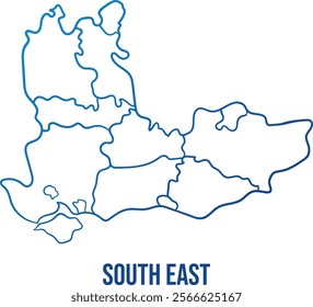 South East region of England with administrative subdivisions. Abstract hand drawn simplified shape map. Soft blue gradient outline map to use for any purpose