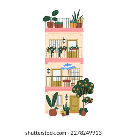 South Europe house. Spanish apartment building with balconies, outdoor plants. Cozy summer home facade, exterior, Spain resort architecture. Flat vector illustration isolated on white background