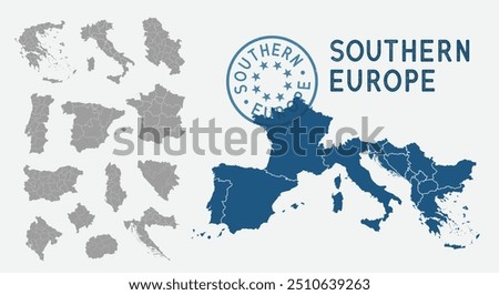 South Europe map. Spain, Portugal, France, Italy, Greece, Croatia maps with regions. Europe map isolated on white background. High detailed. Vector illustration	