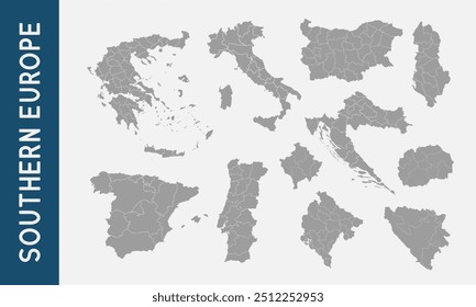 South Europe maps with regions isolated on a white background. South Europe countries maps set. Vector illustration