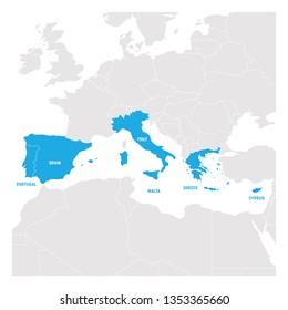 South Europe Region. Map Of Countries In Southern Europe Around Mediterranean Sea. Vector Illustration.