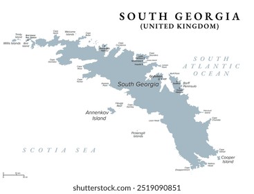 Georgia del Sur, mapa político gris. Parte del Territorio Británico de Ultramar de Georgia del Sur y las Islas Sandwich del Sur. Grupo de islas en el Océano Atlántico Sur y el Mar de Escocia. Ilustración