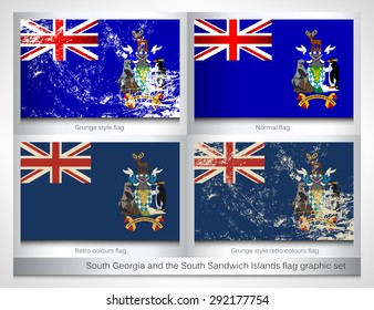 South Georgia and the South Sandwich Islands flag graphic set with a grunge effect texture and retro colors. Grunge effect can be cleaned easily.