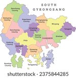 South Gyeongsang Province administrative map with cities and counties. Clored. Vectored. Bright colors