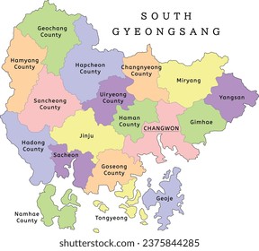 South Gyeongsang Province administrative map with cities and counties. Clored. Vectored. Bright colors