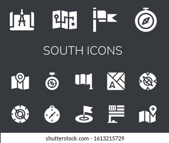 south icon set. 14 filled south icons.  Simple modern icons such as: Compass, Map, Flag