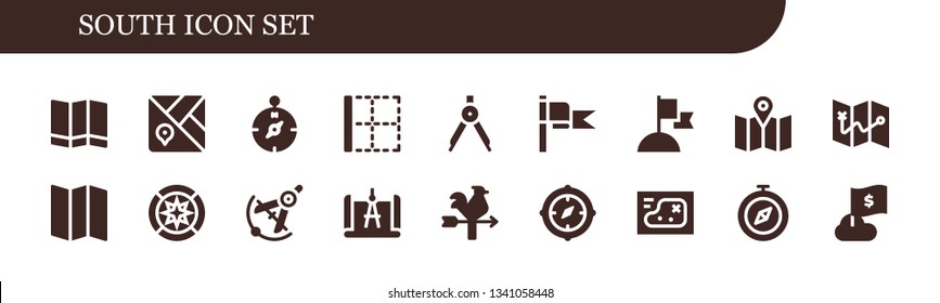 south icon set. 18 filled south icons.  Simple modern icons about  - Map, Compass, Border, Flag, Wind rose, Vane