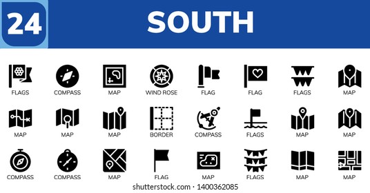 south icon set. 24 filled south icons.  Collection Of - Flags, Compass, Map, Wind rose, Flag, Border