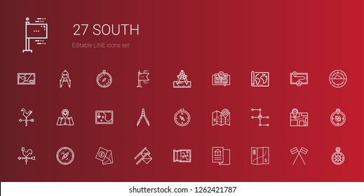 south icons set. Collection of south with map, flags, compass, weather vane, weathercock, wind rose. Editable and scalable south icons.