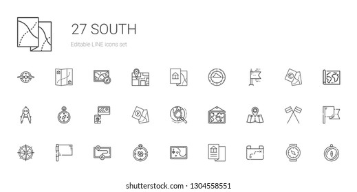 south icons set. Collection of south with map, compass, flag, explore, flags. Editable and scalable south icons.