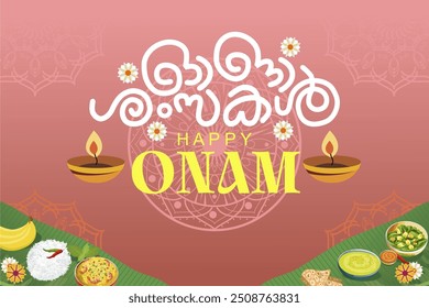 South India kerala fesival happy onam text and onam sandhya vector illustration, background, banner, poster, template. Happy India onam festival 2024 vector illustration.