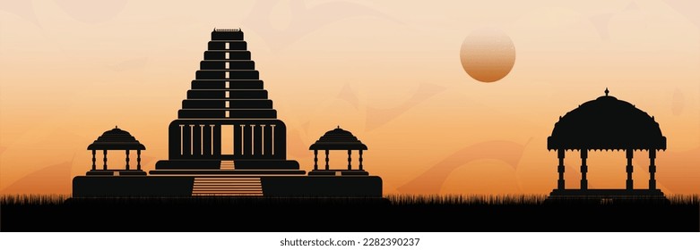 South Indian ancient stone architecture temple and temple hall silhouette vector illustration. banner, poster, wallpaper design.