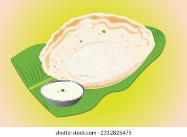 South Indian Appam and vegetable curry arranged on a banana leaf. Vector illustration.