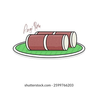South Indian breakfast White Puttu or steamed finger millet powder cake in Banana leaf, outline drawing