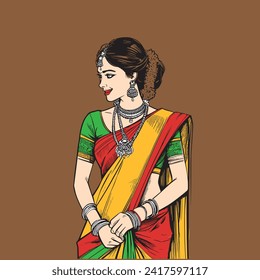 South Indian Bride in Saree Caricature Vector Art Illustration 
